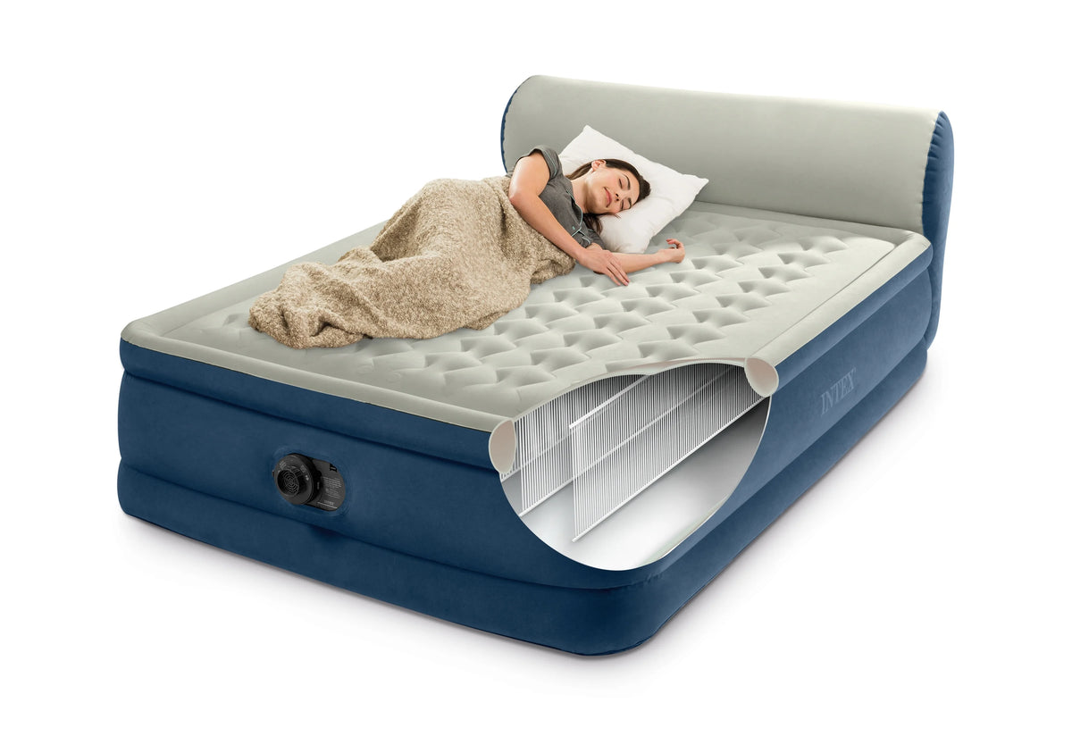 Intex Headboard 18" Queen Dura-Beam Deluxe Raised Air Bed Mattress with Built-in Pump