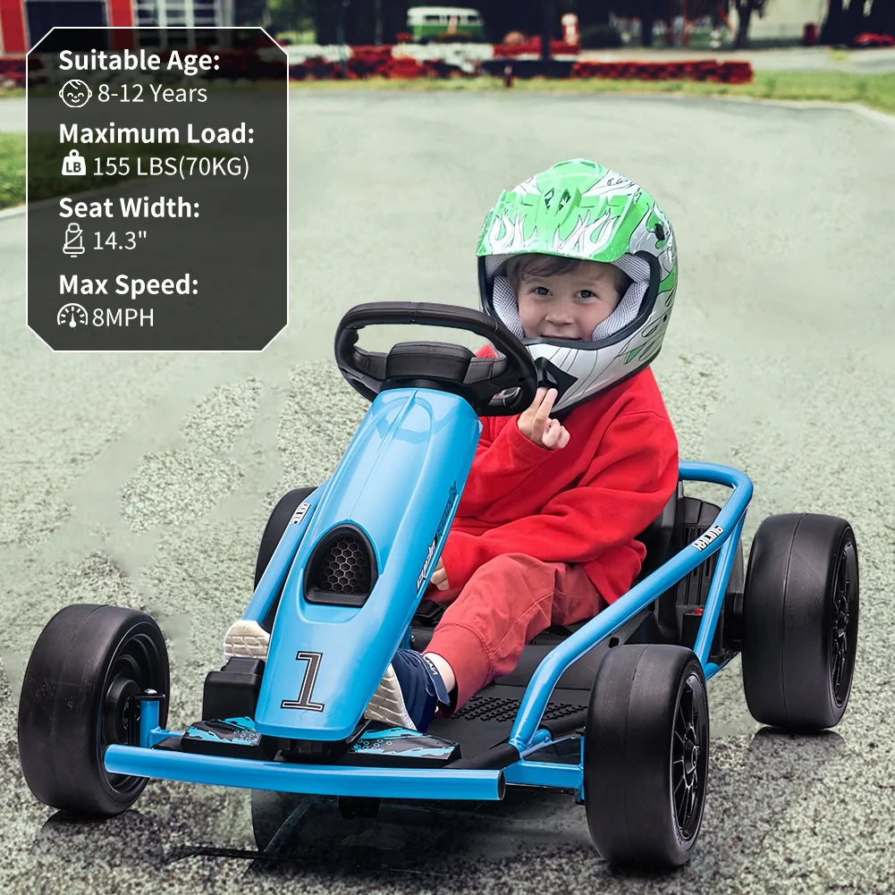 Simzone Go Kart for Kids 24V Battery 300WX2 Motors Pedal On Foot Go Cart 8MPH High Speed Drifting Car with Slow Start Function Music Elastic Durable Tires, Blue