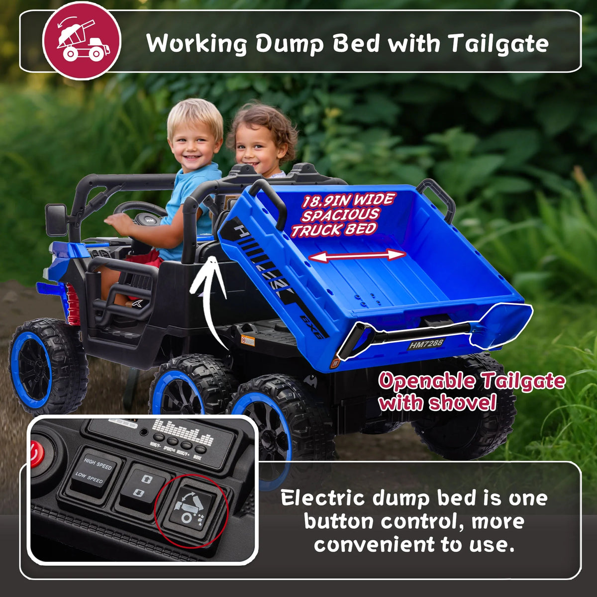 Xuanlur 24V 2 Seater Kids Ride on Car Truck, Ride on UTV W/ 2x200W Motor, 24 Volt Ride on Toys W/ Dump Bed/Shovel, Electric Car for Kids W/ Durable Tires, LED Light, Music, Remote Control, Black