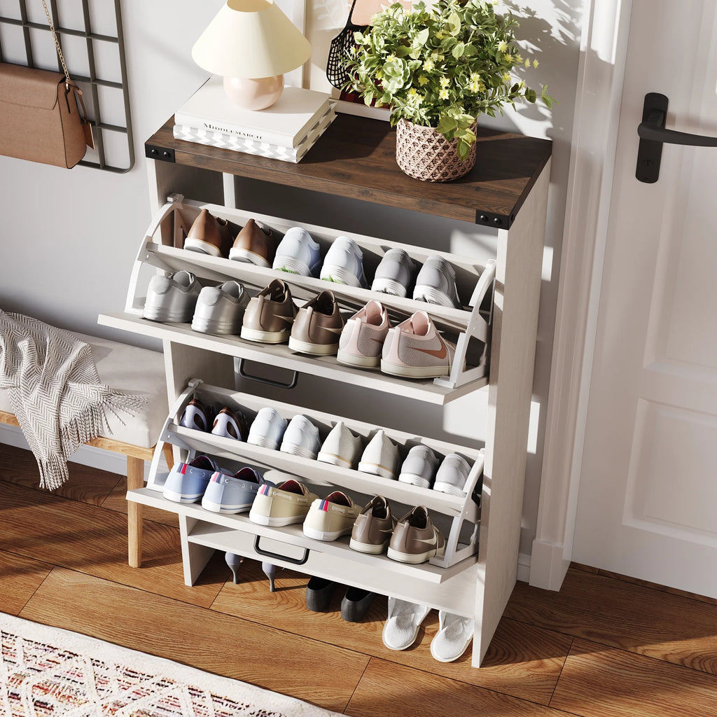VEANERWOOD Shoes Storage Cabinet With Doors, Farmhouse Shoe Cabinet With 2 Flip Drawers For Entryway,Gray
