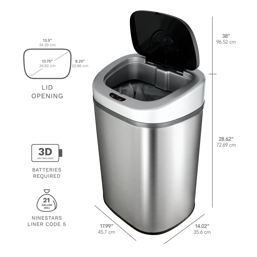 Nine Stars Automatic Trash Can, 21 Gallon Stainless Steel, Motion Sensor Hands Free Soft Close Lid Garbage Bin, Silver