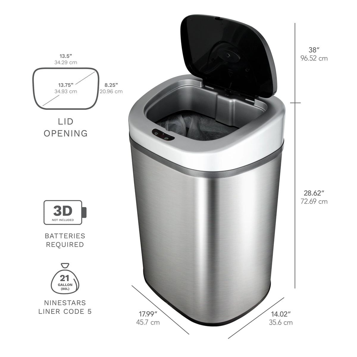 Nine Stars Automatic Trash Can, 21 Gallon Stainless Steel, Motion Sensor Hands Free Soft Close Lid Garbage Bin, Silver