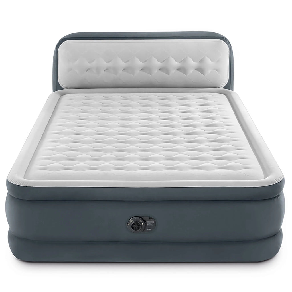 Intex: Dura-Beam Deluxe: Ultra Plush Headboard Airbed - Queen - Gray, 18" Inflatable Mattress, Built-In Pump, Fiber-Tech, Carry Bag, 600lb Cap 64447ED