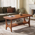 Fimind Solid Wood Coffee Table, 47.24" Mid-Century Modern Rectangle Center Table with 2-Tier Storage Shelf for Living Room, Small Space