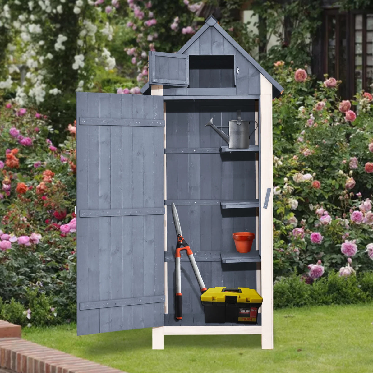 Mcombo Outdoor Storage Cabinet, Wood Garden Tool Shed (70" Tall) 0770EY