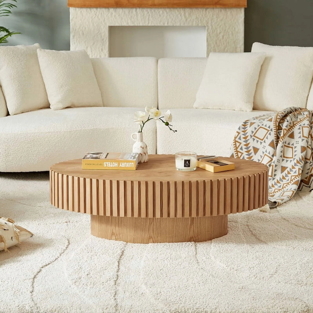 FFH 43.7 inch Oval Coffee Table for Living Room,Handcraft Rustic Corner Coffee Table Nature Wood Relief Sturdy Pedestal for Apartmen,Side Table Centre Table,Nature Wood