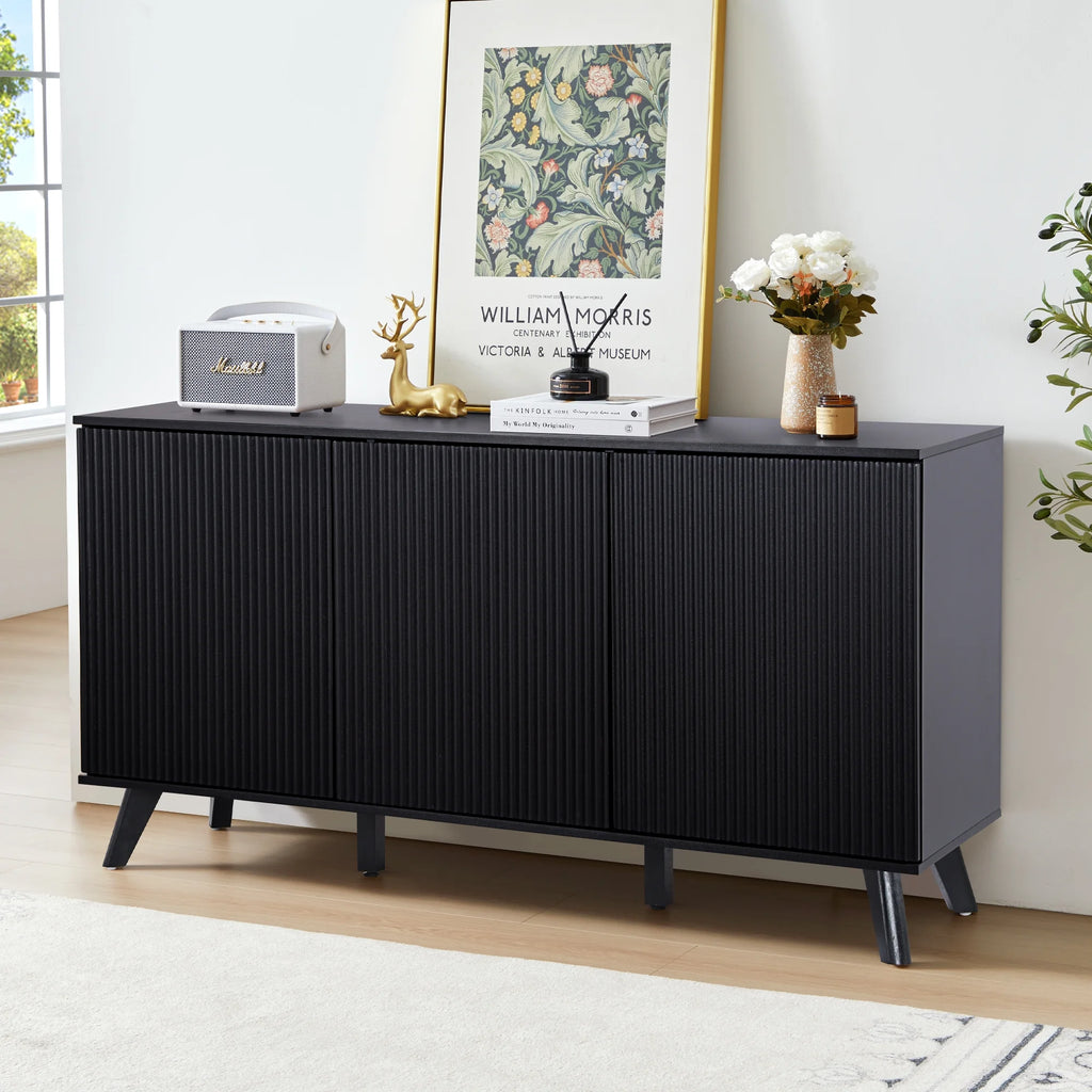 Wirrytor Sideboard Storage Cabinet with Doors and Shelves, Buffet Cabinet with Storage, Credenza Storage Cabinet for Kitchen, Wooden Fluted Cabinet, Under TV Cabinet with Storage - Black
