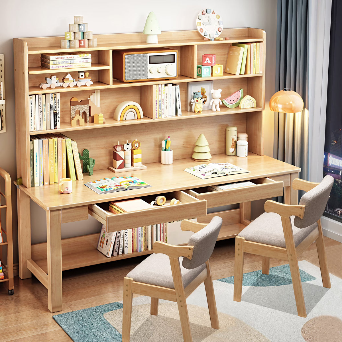 BALANBO Solid Wood Kids Desk and Chair Set with Hutch,Study Computer Desk with Drawers, Extra Large Two Person Study Desk Writing Table, Student White Desk with Bookshelf for Bedroom,Study Room,White