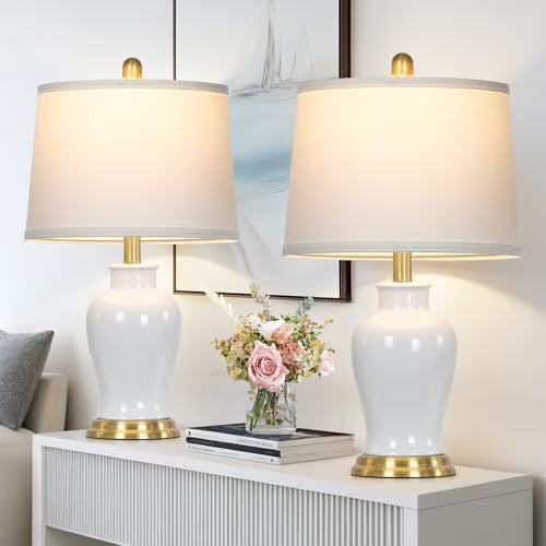 Modern Ceramic Table Lamps Set of 2, 23" White Ceramic Lamps for Living Room, Rustic Farmhouse Bedside Lamp with Ginger Jar Design, Elegant Bedroom Lamp for Nightstand Desk Side End Table Home Decor