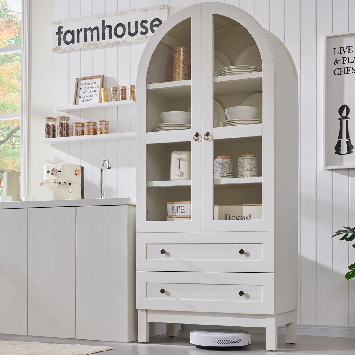 SinCiDo Arched Kitchen Pantry Storage Cabinet, 71-Inch Tall Wood Adjustable Shelves, 2 Doors, 2 Drawers