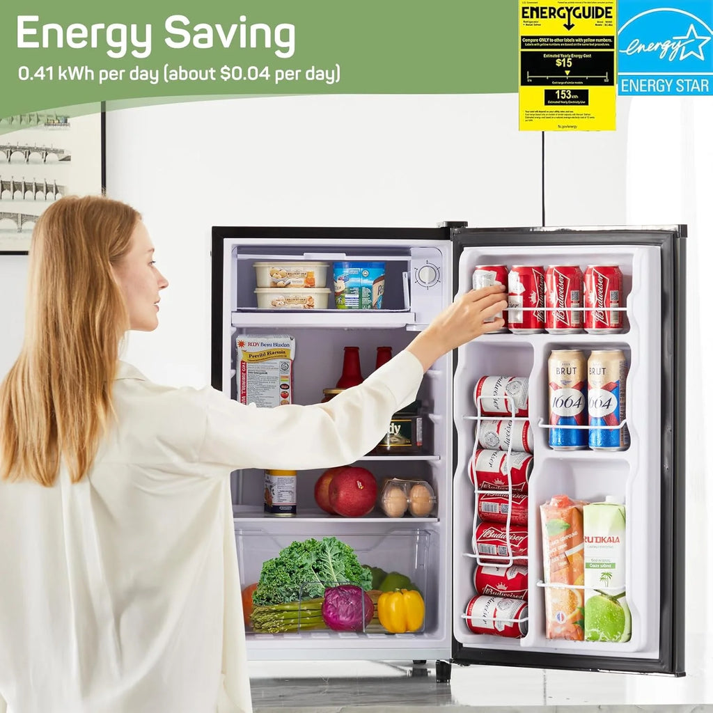 Mini Fridge for Bedroom 3.2 Cu.Ft Small Refrigerator with Freezer for Dorm Office, Compact Single Door Adjustable Thermostat Low Noise,Black