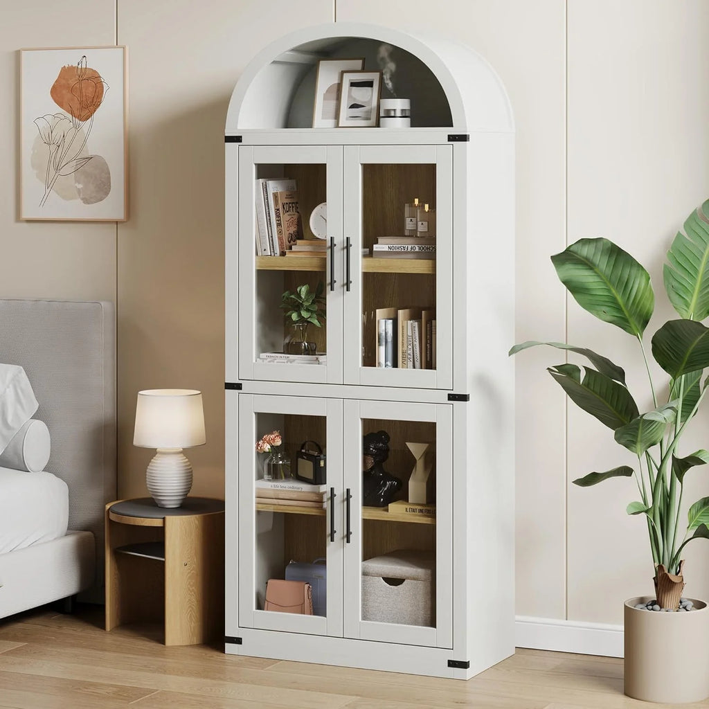 Arched Cabinet Tall Kitchen Pantry, Farmhouse Storage Cabinet Arch Hutch Cabinet, Large Bookshelf with Doors, Arched Bookcase with Cabinet, 5 Tier Kitchen Cabinet for Dining Room
