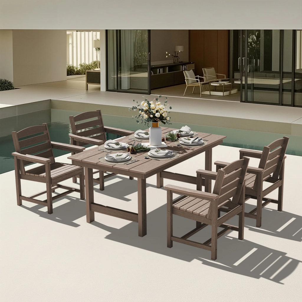 KINGYES 7-Piece Outdoor Dining Set, HDPE Patio Table and Chairs with Umbrella Hole, Gray