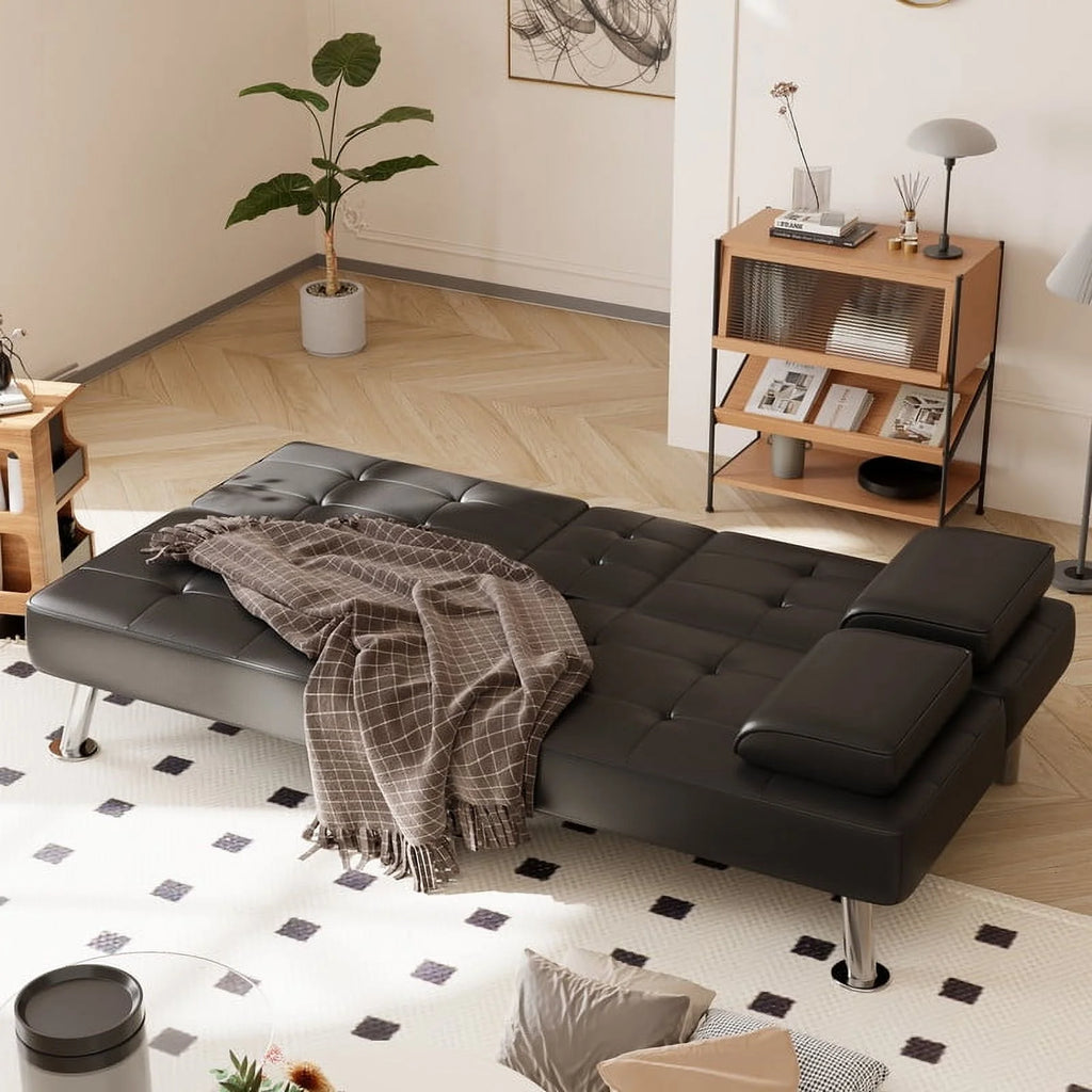 Furmax Futon Sofa Bed Convertible Folding Faux Leather Couch with 2 Cup Holders,Black