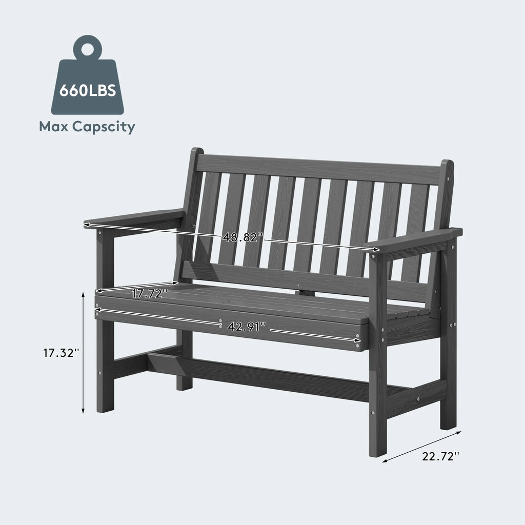 SERWALL Outdoor Bench for 2-Person, Weather-Resistant HDPE with Aluminum Reinforcement, Supports 660 lbs, Comfortable Seating for Patio, Garden, and Porch, Black