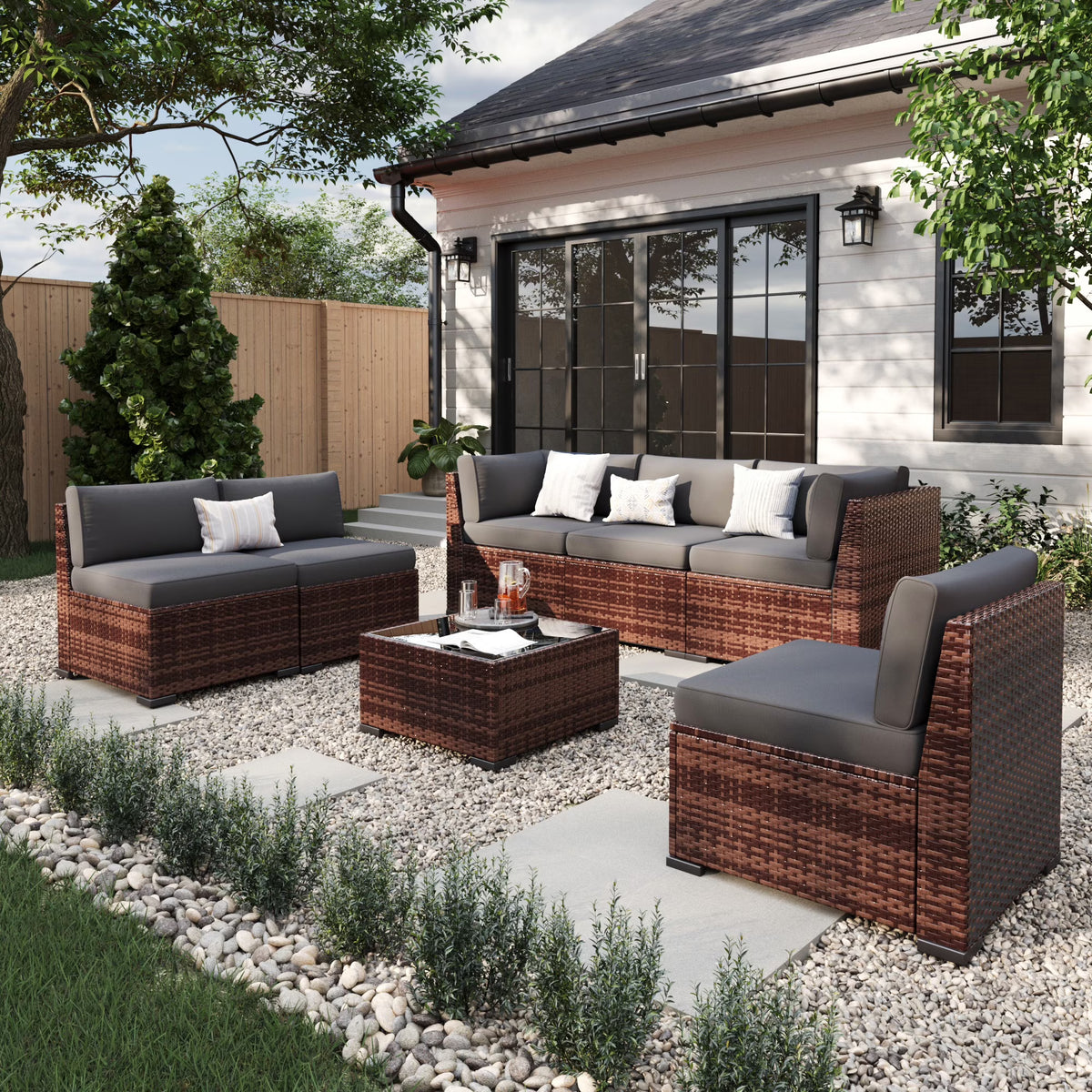 ELPOSUN 7 Pieces Patio Furniture Set, Outdoor Furniture Sectional Rattan Sofa for Backyard Garden Dark Grey