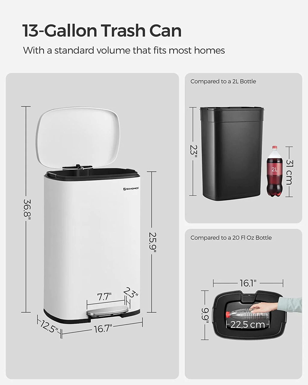 13 Gallon Stainless Steel Kitchen Trash Can, Garbage Can, Soft Close, White