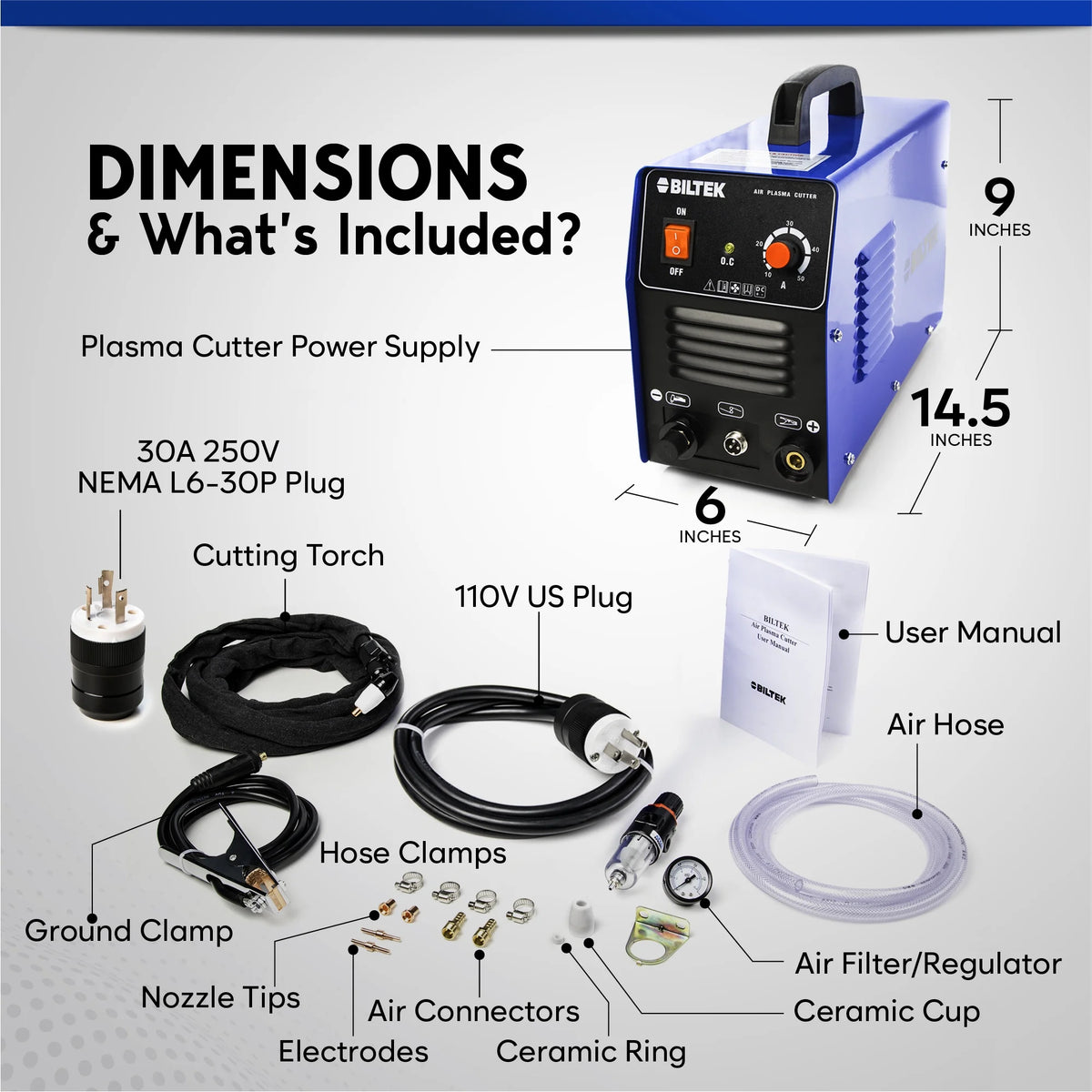 Biltek Plasma Cutter 50A Dual Voltage 110V/220V Cutting Torch Kit, 1/2 Inch, IGBT Technology, Portable Plasma Cutter Machine, Metal Cutter for Steel, Copper, Aluminum, Brass and Other Metals