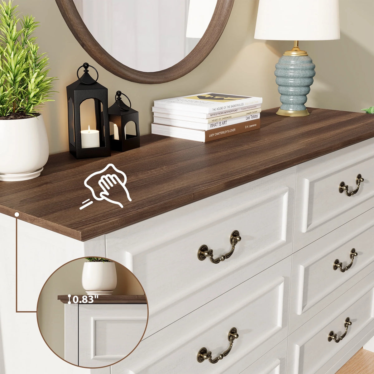 GIKPAL White Dresser for Bedroom, 6 Drawers Wood Dresser with Antique Handles, Farmhouse Rustic Chest of Drawers for Bedroom, Living Room, Entryway & Hallway