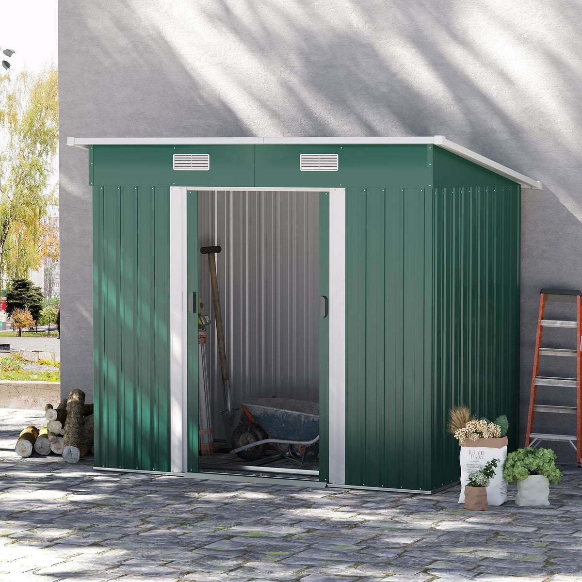 Outsunny 4.6' x 9' Metal Outdoor Storage Shed, Garden Utility Tool House with Double Lockable Doors for Backyard, Patio, Lawn, Garage, White