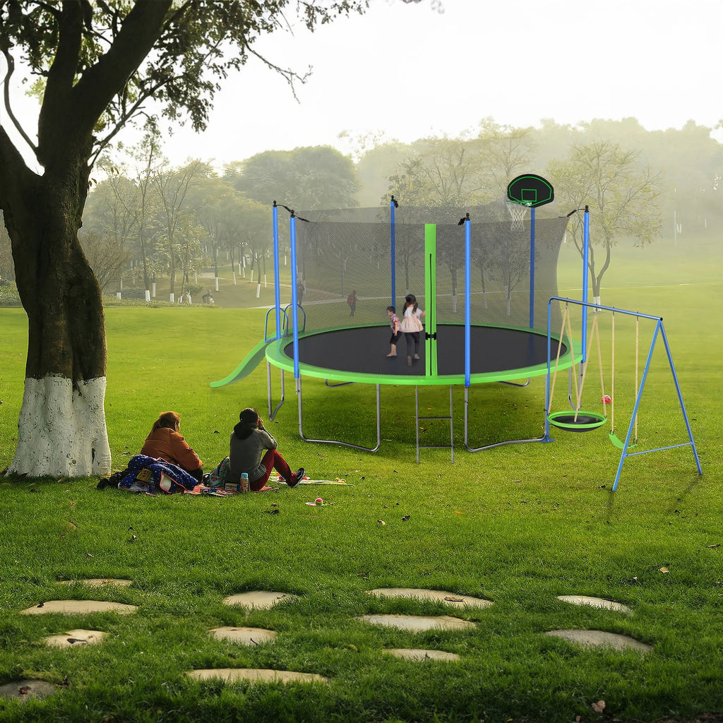 12FT Trampoline with Slide and Swings, Large Outdoor Backyard Trampoline with Basketball Hoop and Ladder for Kids and Adults