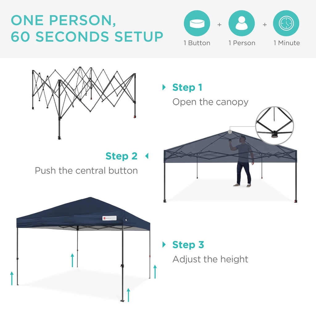 Best Choice Products 12x12ft Easy Setup Pop Up Canopy w/ 1-Button Setup, Wheeled Case, 4 Weight Bags - Navy Blue
