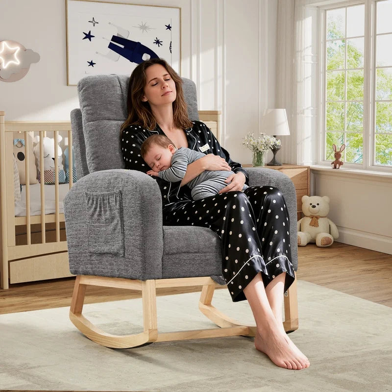 FFH Rocking Chair Nursery, Tufted Accent Rocker Chair, Upholstered Armchair with Adjustable Footrest, Side Pocket, High Backrest, Padded Seat, Polyester Blend (Retro, Dark Gray)