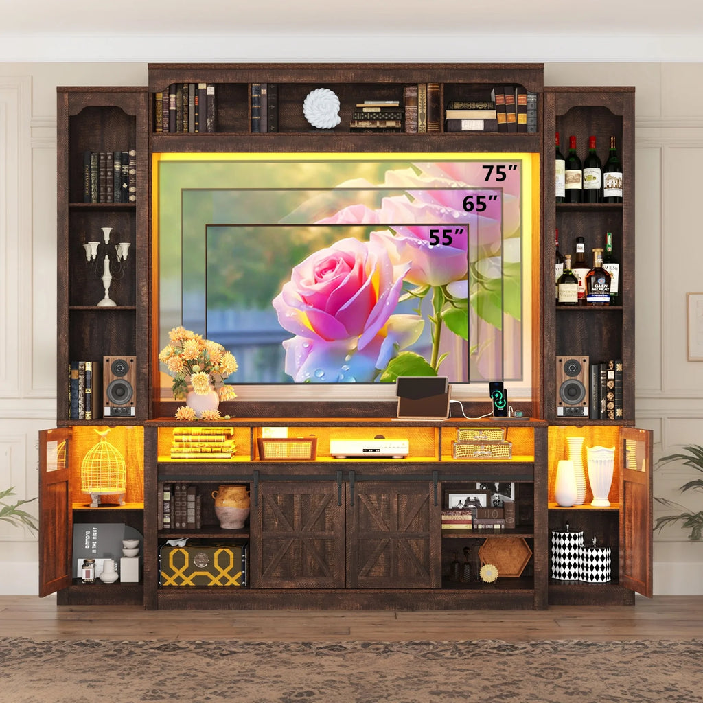 Farmhouse Wall Unit TV Stand with Storage for TVs up to 75", Large Entertainment Center with Bookshelves, LED Light & Power Outlet for Living Room