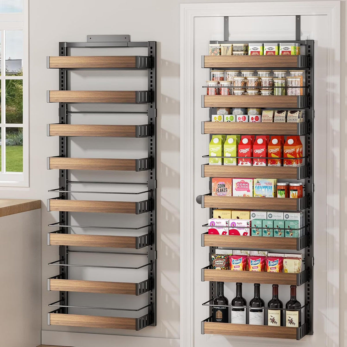 8 Tier Over The Door Pantry Organizer, 2 IN 1 Wall Mount or Hanging Spice Rack Seasoning Shelves with Adjustable Basket, Back of Door Organizer and Storage for Kitchen Cabinet and Room Closet
