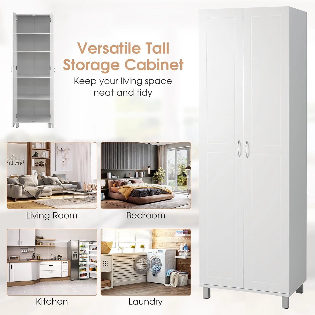 Gymax 2-Door Tall Storage Cabinet Kitchen Pantry Cupboard Organizer Furniture White