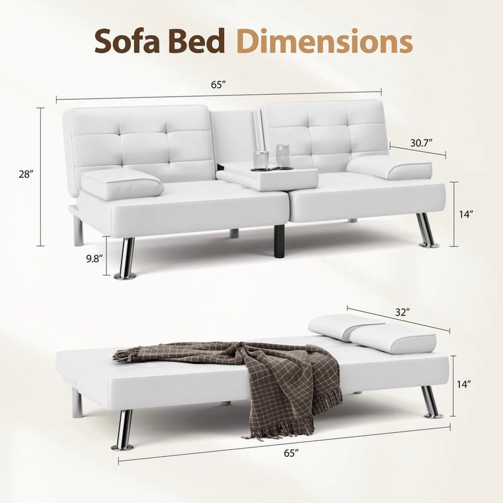 Furmax Futon Sofa Bed Convertible Folding Faux Leather Couch with 2 Cup Holders,Black