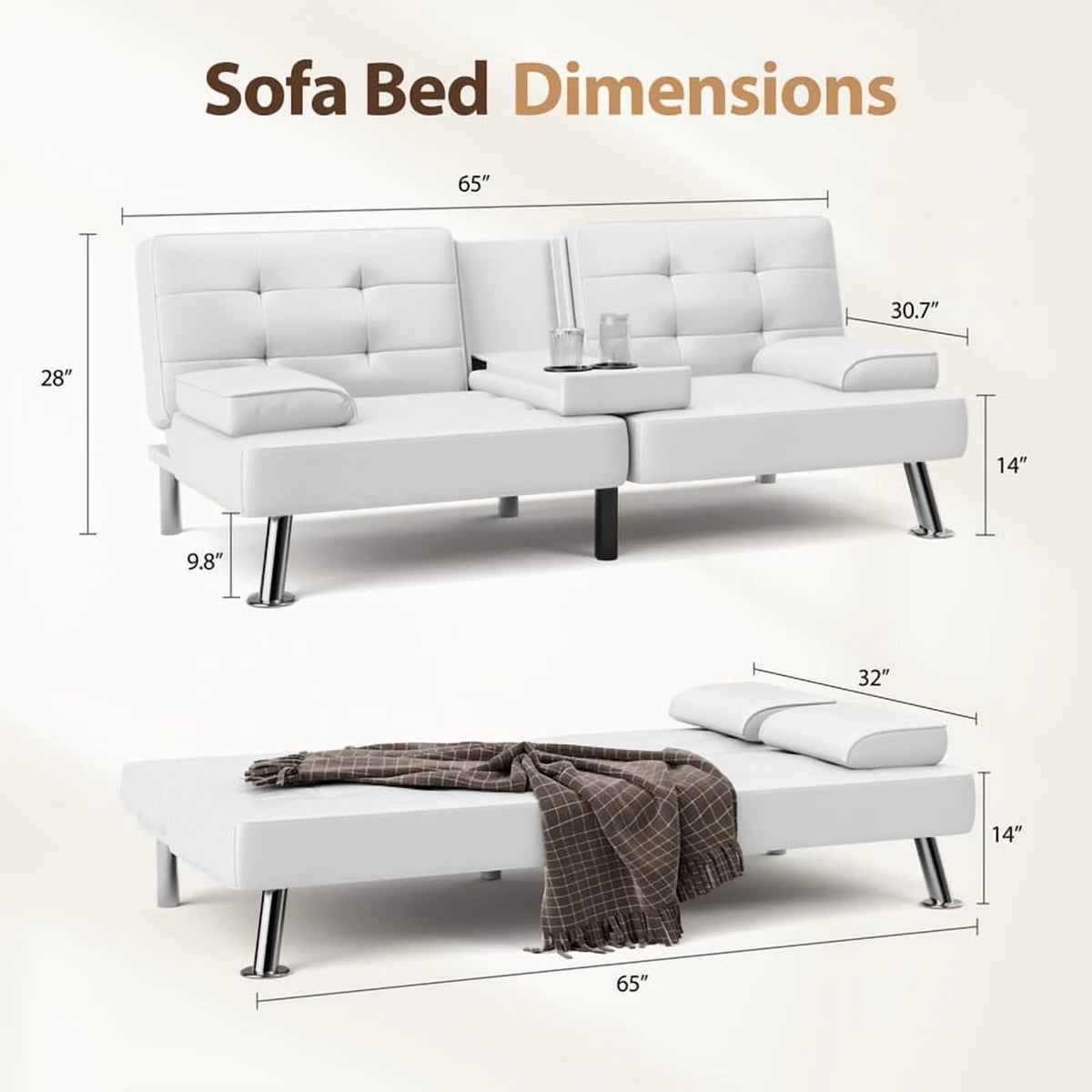 Furmax Futon Sofa Bed Convertible Folding Faux Leather Couch with 2 Cup Holders,Black