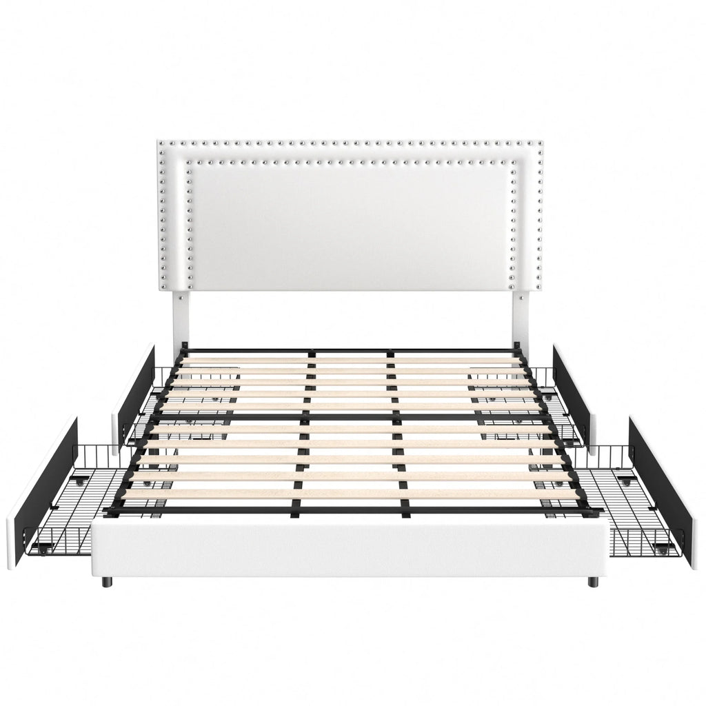 VECELO Full Bed Frame with 4 Storage Drawers (Wheeled) and Tufted Upholstered Adjustable Headboard Platform Bed, Beige