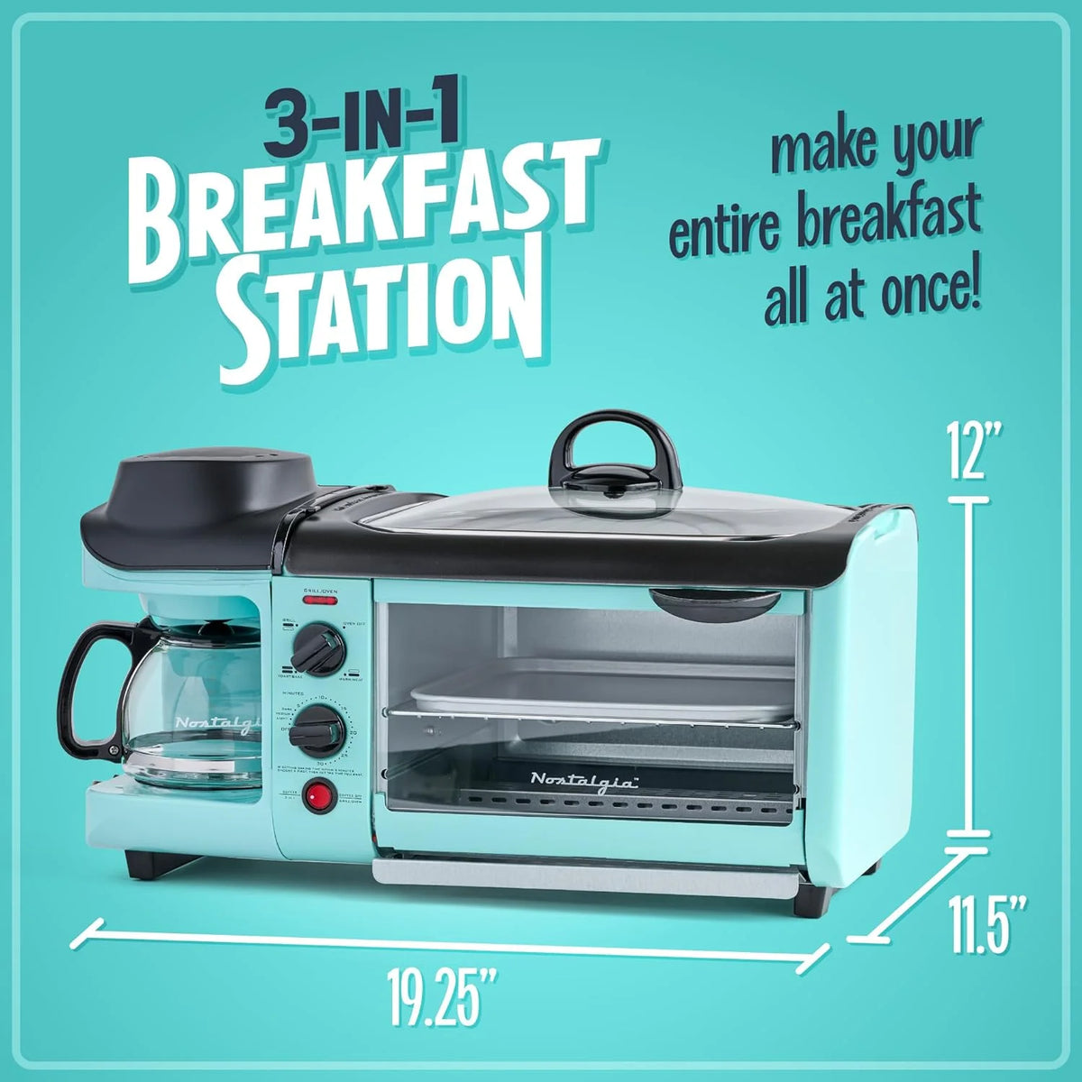 3-in-1 Breakfast Station - Includes Coffee Maker, Non-Stick Griddle, and 4-Slice Toaster Oven - Versatile Breakfast Maker with Timer - Aqua