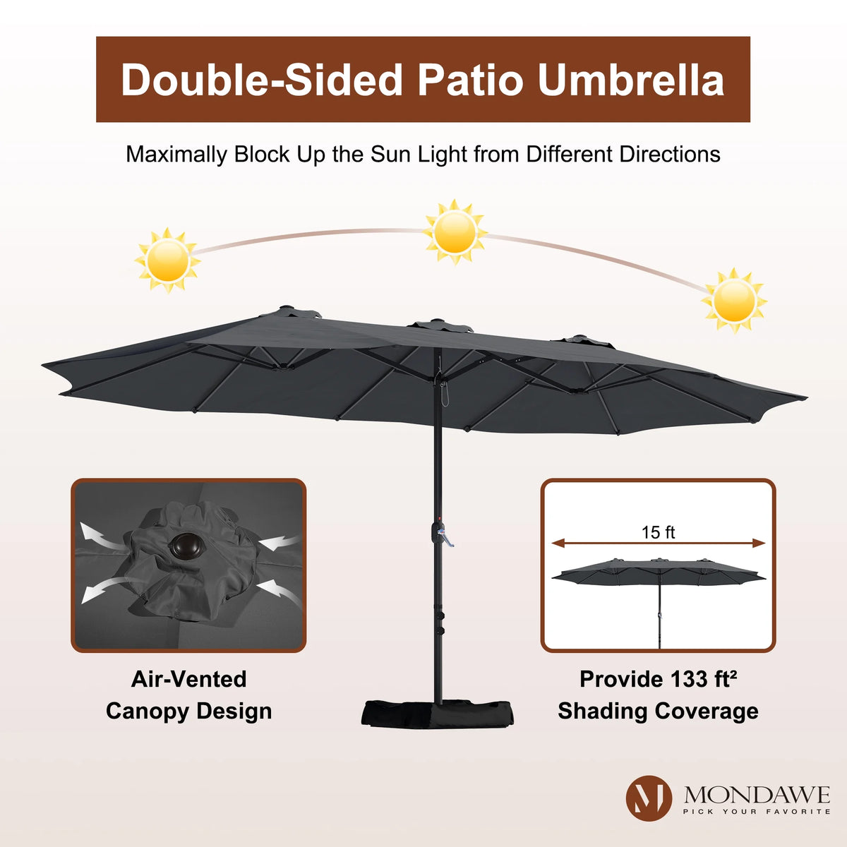 Mondawe 15ft Patio Umbrella Rectangular Outdoor Market Umbrella with Base and LED Lights Beige