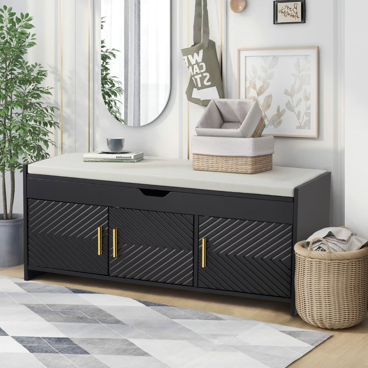 AVAWING Storage Bench, Shoe Bench with Lift Top Storage, Wooden Entryway Bench, Black