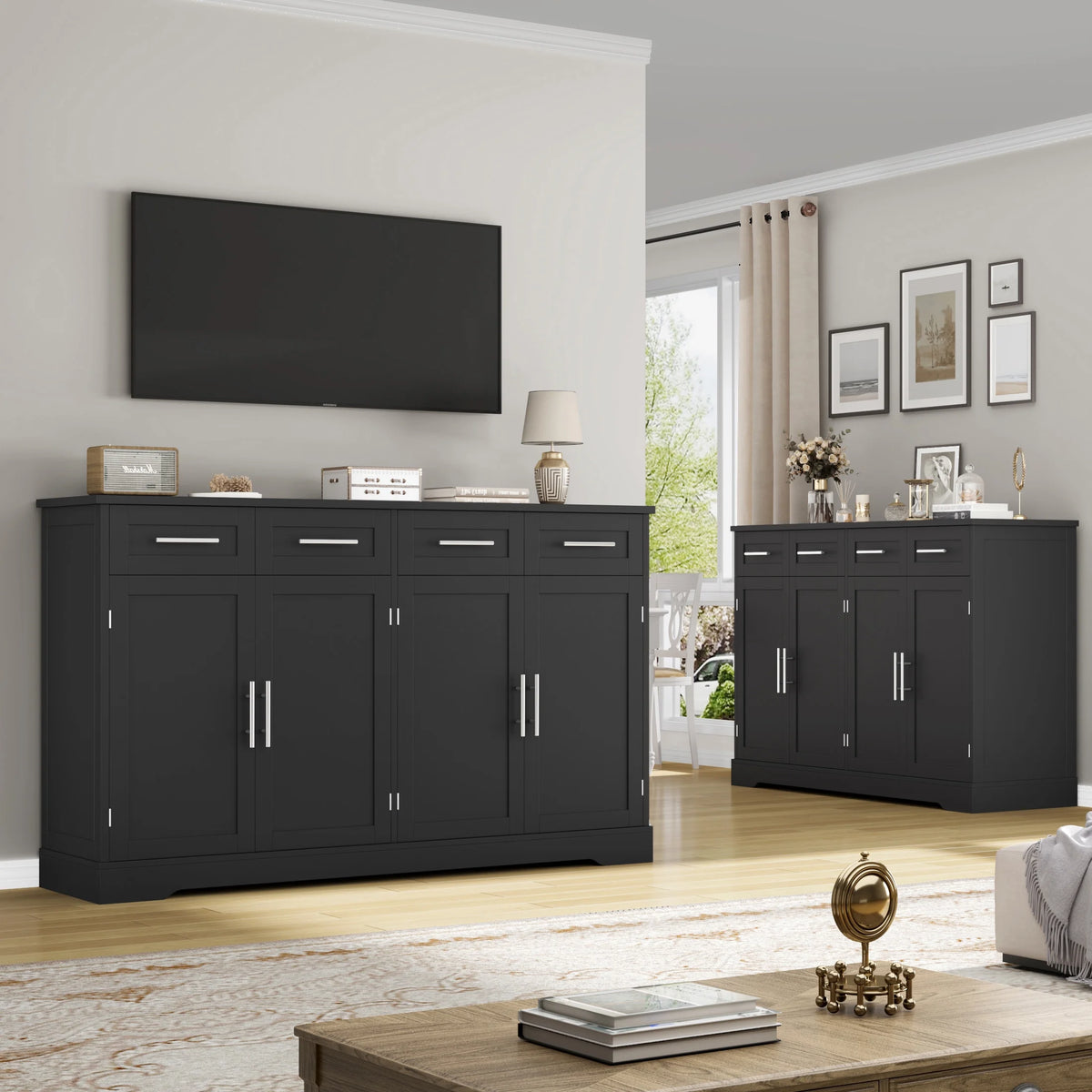 Homfa Farmhouse Buffet Cabinet with 4 Drawers and 4 Doors, 59" W Sideboard Buffet Storage Cabinet with Shelves, for Kitchen Living Room Bedroom, Wash Gray