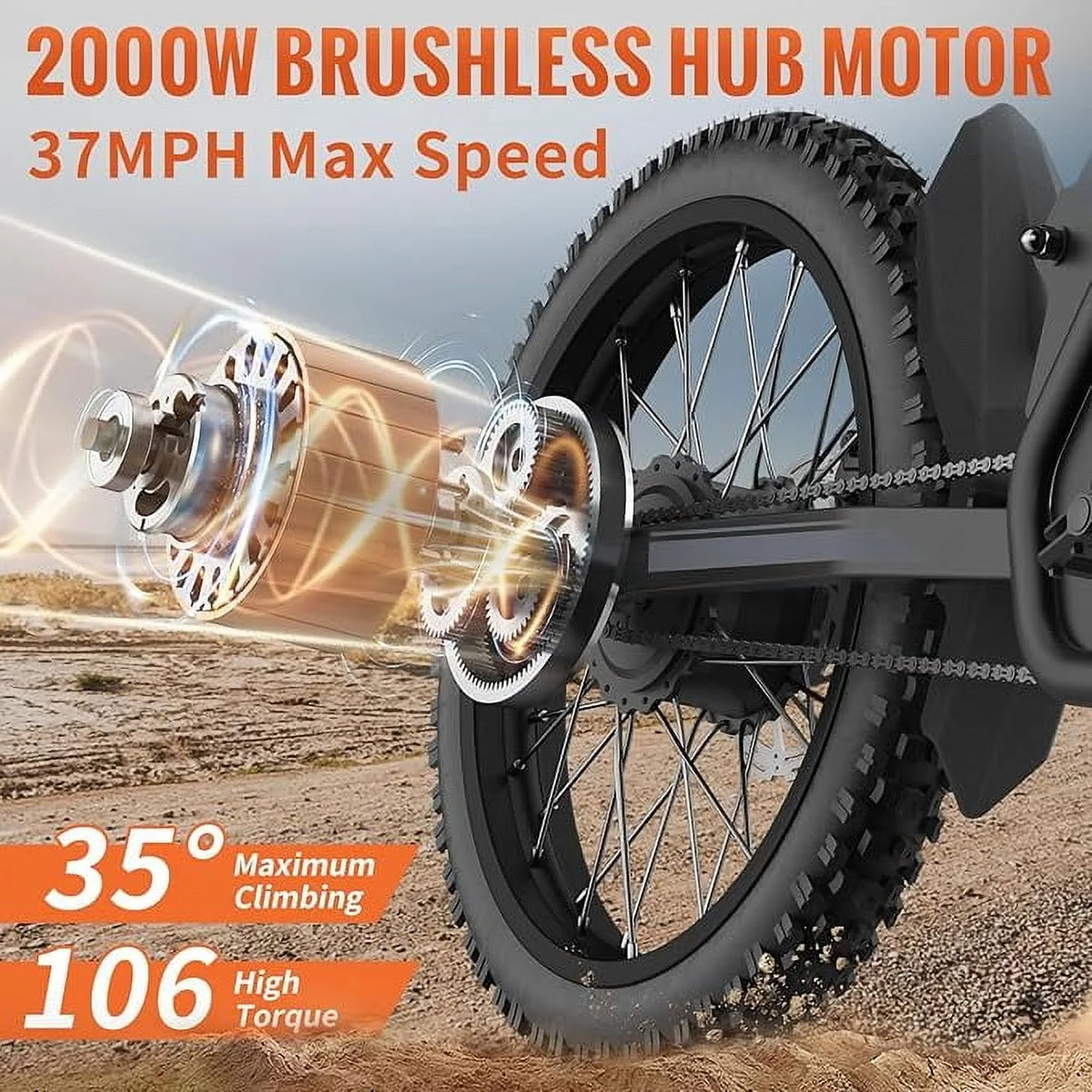 2000W Electric Dirt Bike for Adults Ridingtimes GT73 UL2849,Brushless Hub Motor,18.2AH*2 Electric Bike with 25\" tires digital screen Carbon Steel,Black