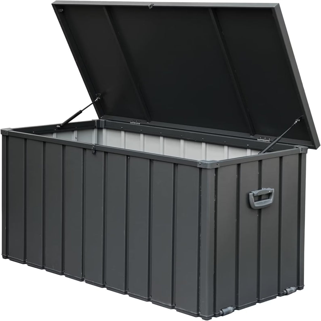 150 Gallon Outdoor Waterproof Storage Deck Box with Portable Side Handles and Moving Roller, Large Patio Storage Lockable for Outside Cushions, Throw Pillows, Garden Tools, Dark Gray