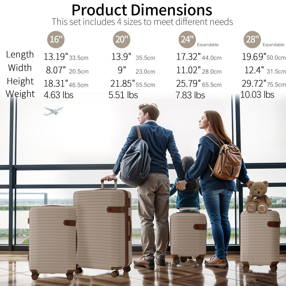 Luggage Sets,4-Piece Lightweight Suitcase Set with 4 Packing Cubes and TSA Lock, Hardshell Suitcases with Spinner Wheels, (16/20/24/28 ),Brown