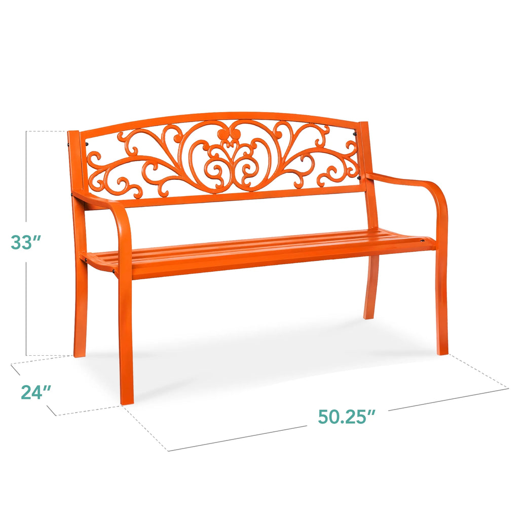 Best Choice Products Outdoor Steel Bench Garden Patio Porch Furniture w/ Floral Design Backrest - Black