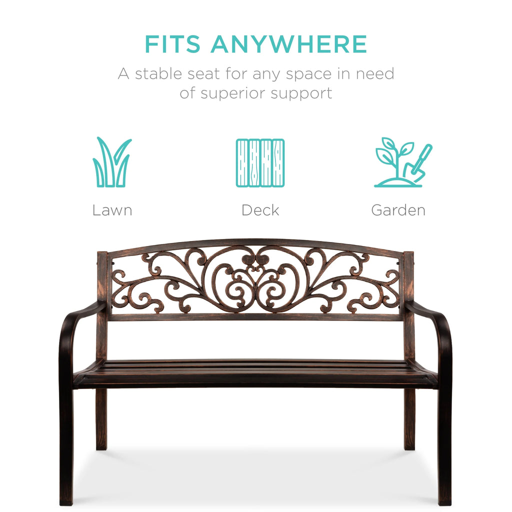 Best Choice Products Outdoor Steel Bench Garden Patio Porch Furniture w/ Floral Design Backrest - Black