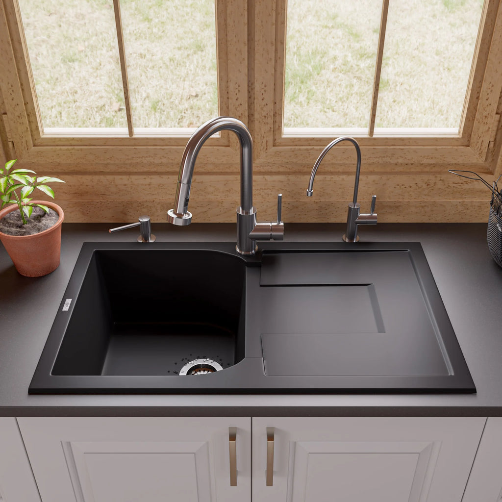 ALFI brand AB1620DI-BLA Black 34" Single Bowl Granite Composite Kitchen Sink with Drainboard