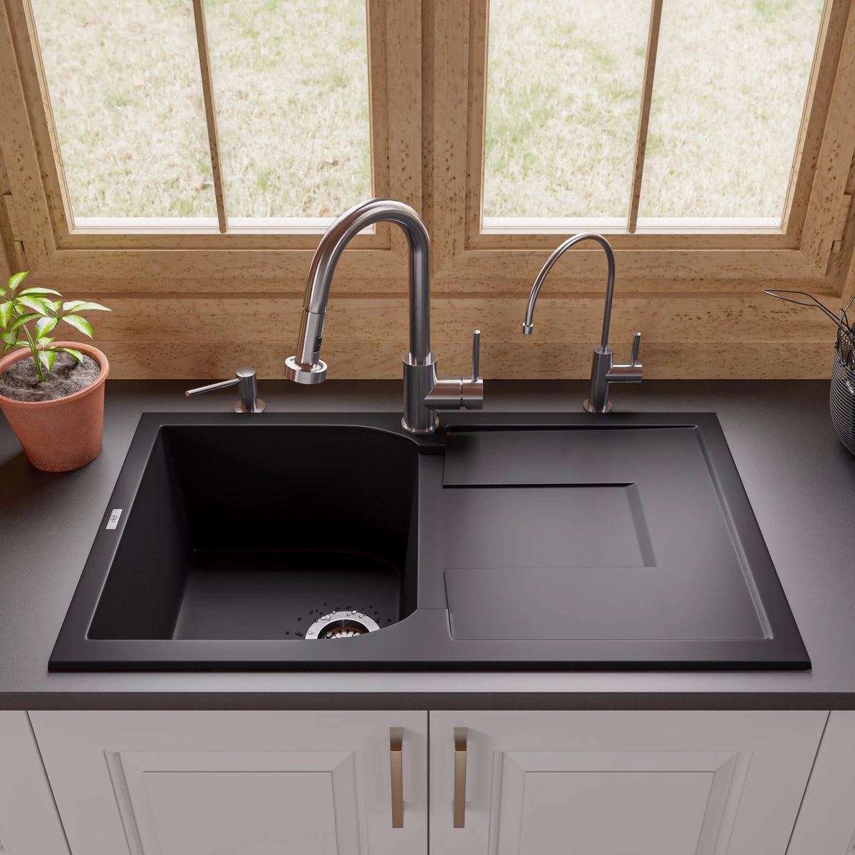 ALFI brand AB1620DI-BLA Black 34" Single Bowl Granite Composite Kitchen Sink with Drainboard