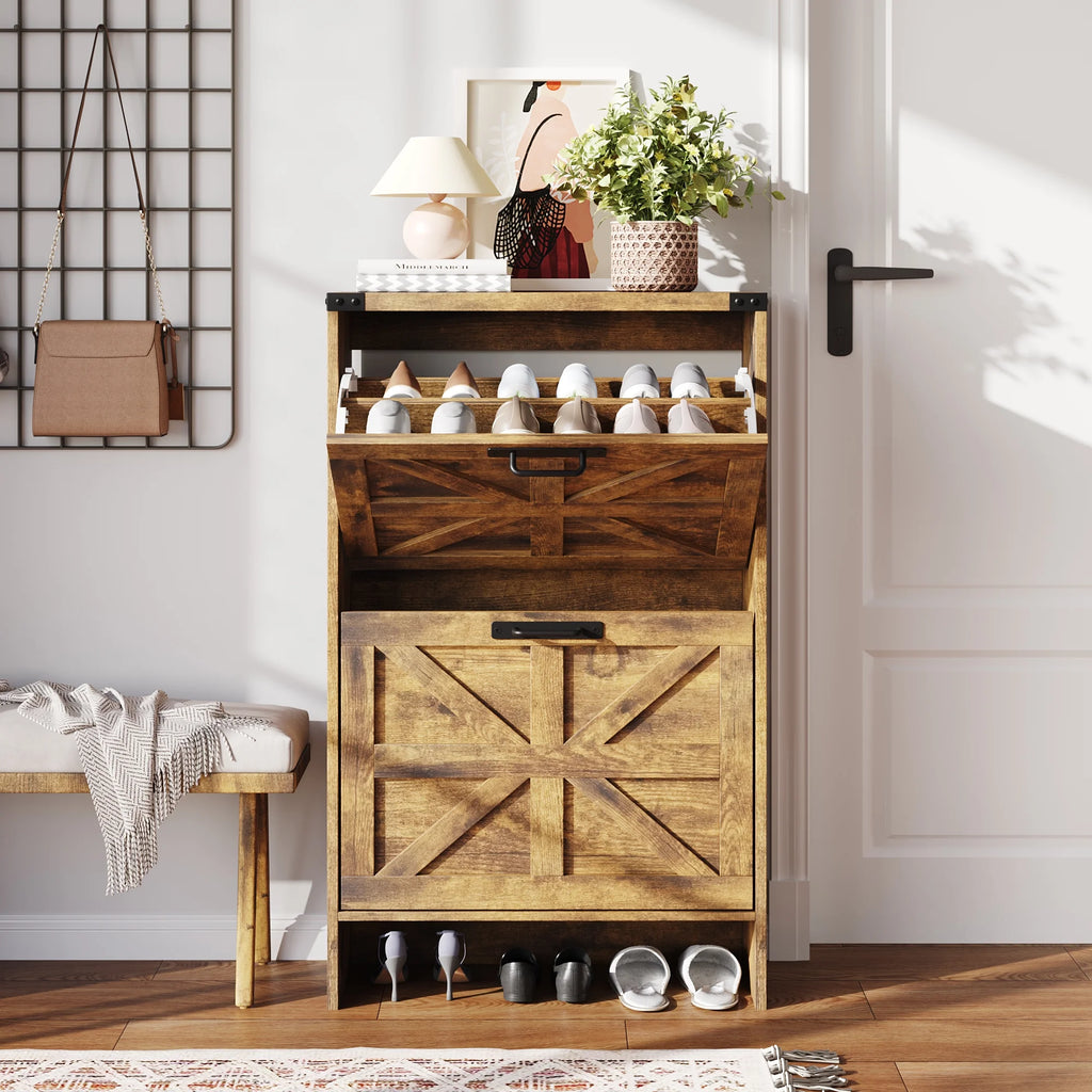 VEANERWOOD Shoes Storage Cabinet With Doors, Farmhouse Shoe Cabinet With 2 Flip Drawers For Entryway,Gray