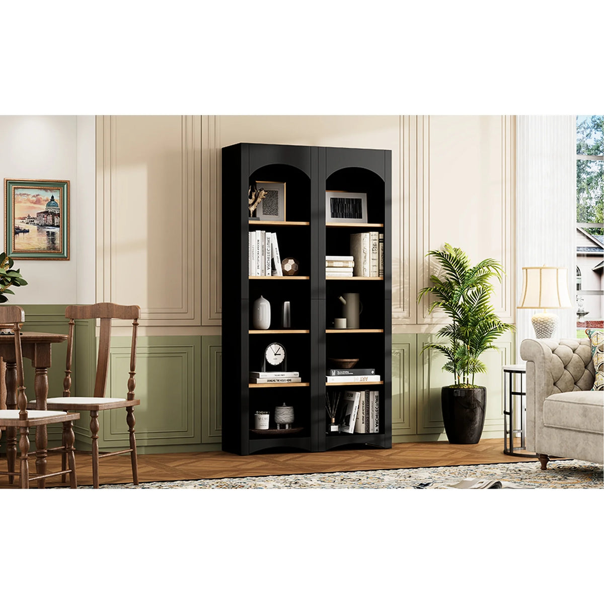 72"h Pantry Pair, 2 , Adjustable Shelves, , Black Finish 2 Bookcase , Cabinet With Vintage Style