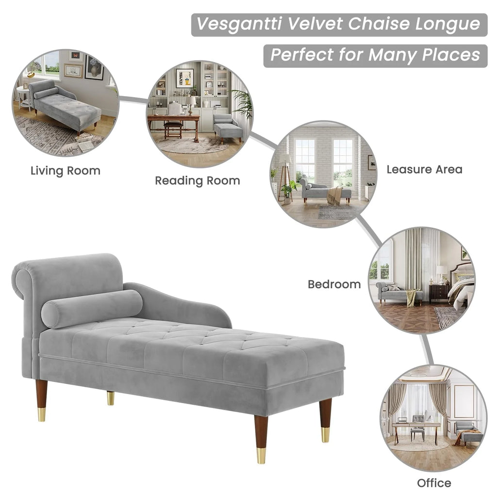 Vesgantti Velvet Chaise Lounge,59" Modern Upholstered Lounge Chair Indoor with Round Armrest Lumbar Pillow, Single Sofa for Living Room Bedroom Office,Grey