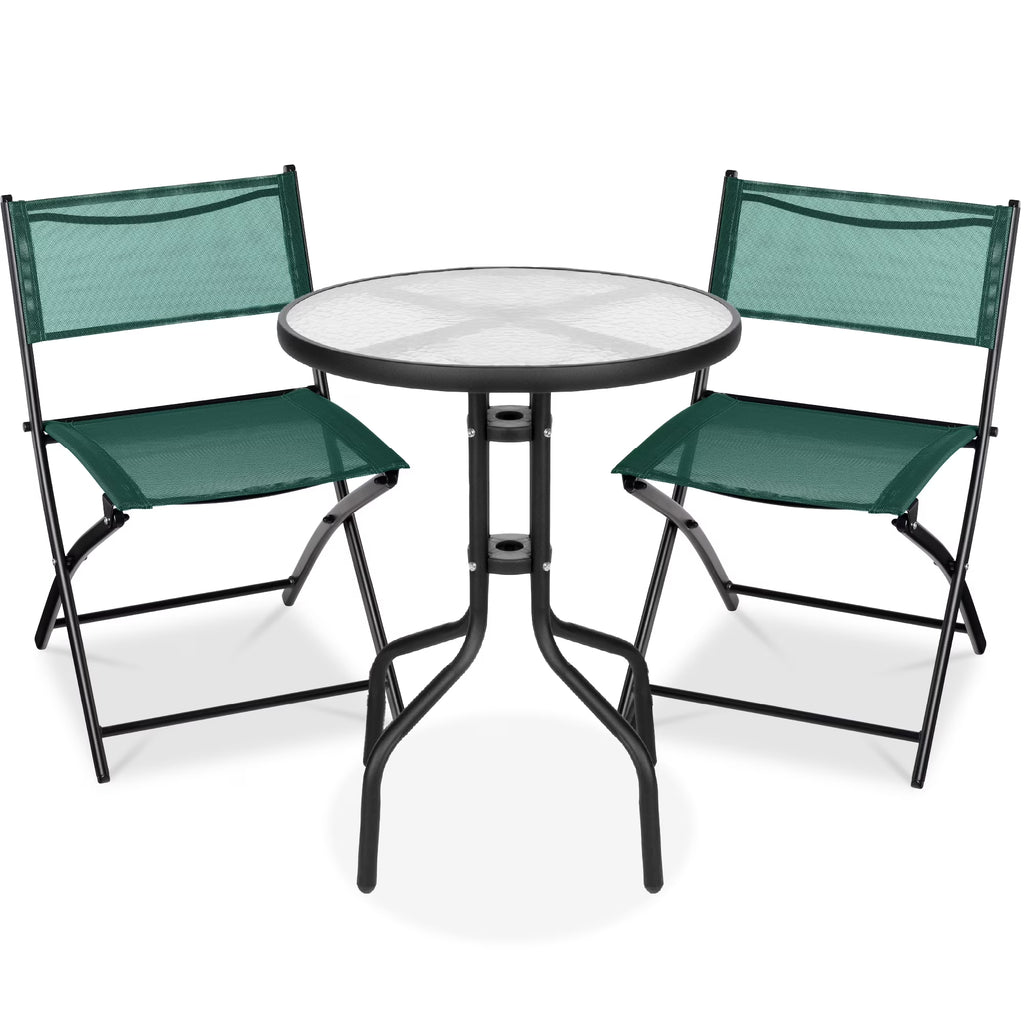 Best Choice Products 3-Piece Patio Bistro Dining Furniture Set w/ Glass Tabletop, Folding Chairs - Gray