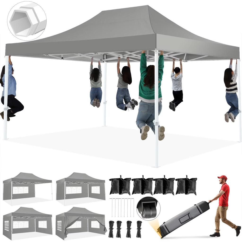 HOTEEL 10x15 Heavy Duty Canopy Tent - Commercial Pop Up with UV50+, Thick Hexagonal Frame, 4 Sidewalls, Anti-Pooling Design & Roller Bag (Black)
