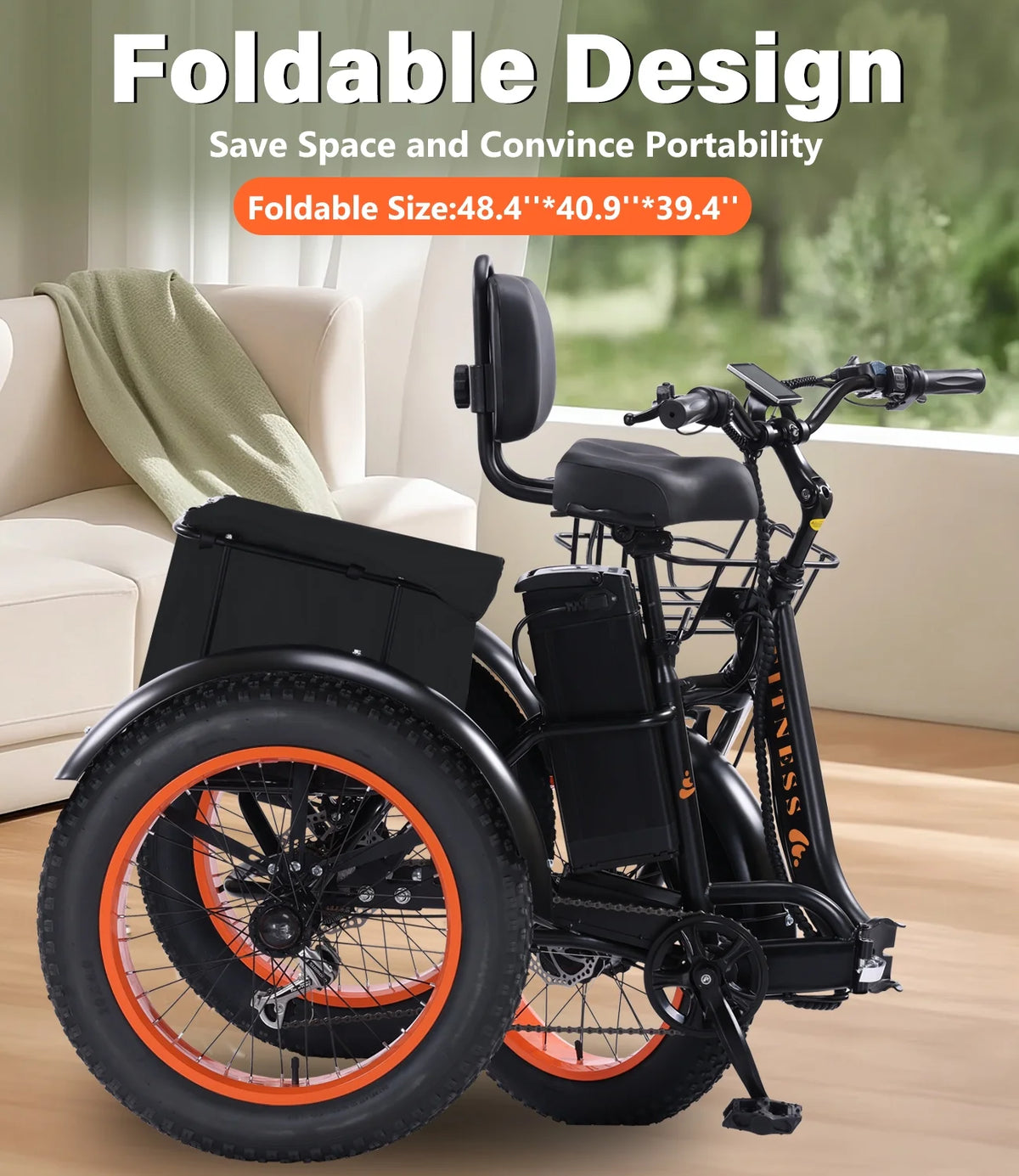 YEBEI Electric Tricycle for Adults Folding E-Trike Motorized Tricycle Electric 3 Wheels Trike Powerful 500W Motor Electric Tricycle 48V15AH Lithium Battery Max 20MPH 20*4.0�� Fat Tire Orange